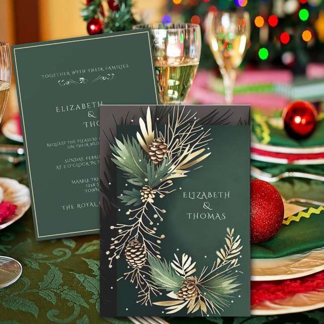 Winter Wedding Pine Cones with Gold Pine Needles Invitation (Creator Uploaded)