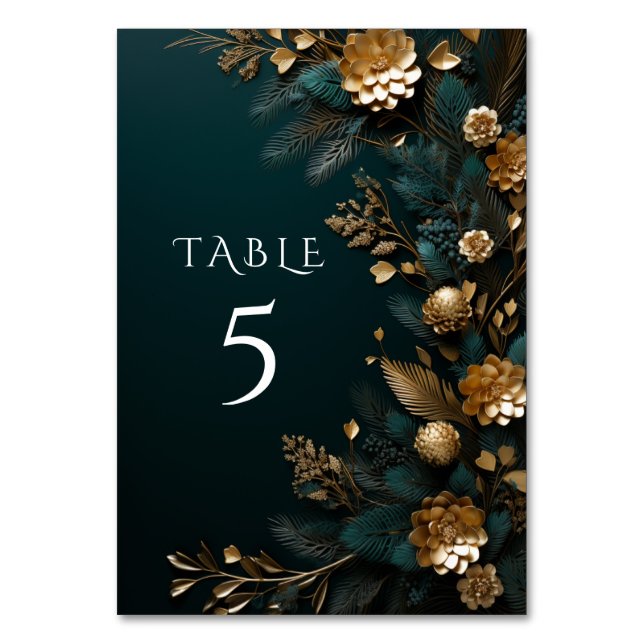 Winter Wedding Pine Cones with Gold Pine Needles Table Number (Front)