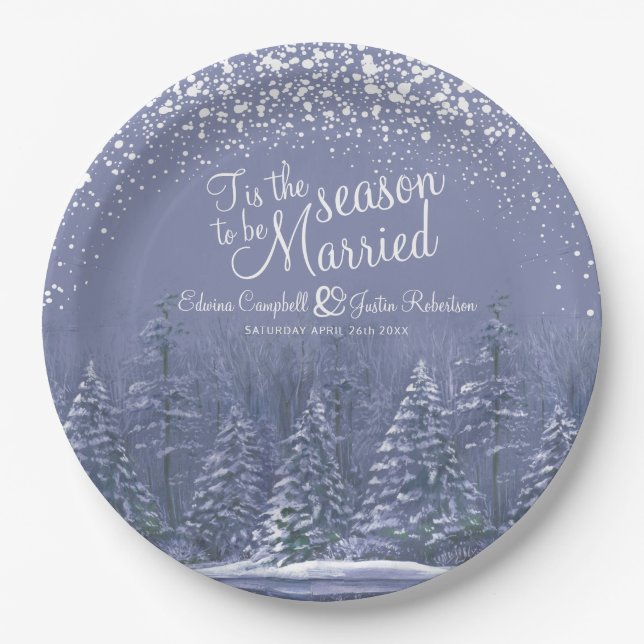 Winter wedding pine trees lake blue art paper plate (Front)