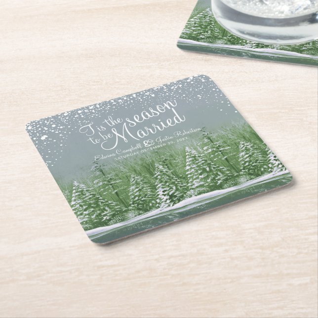 Winter wedding pine trees lake green art square paper coaster (Angled)