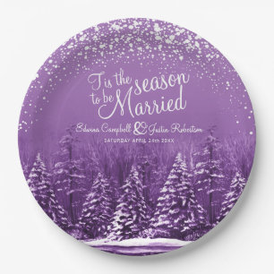Winter wedding pine trees lake purple art paper plate