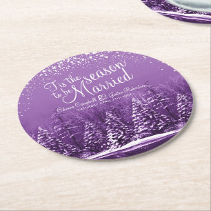 Winter wedding pine trees lake purple art round paper coaster