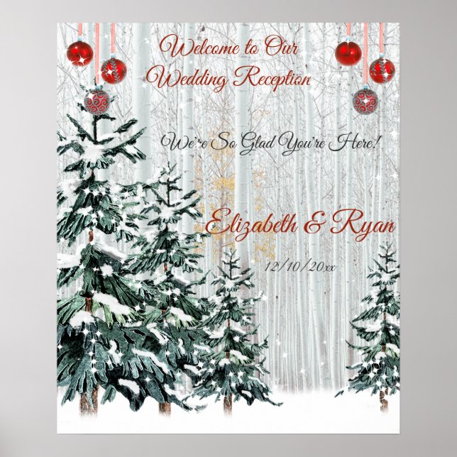 Winter Wedding Pine Trees Snow Sparkle Stars Poster (Front)