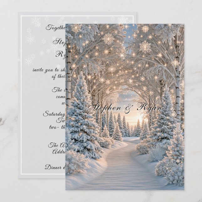 Winter Wedding Pine Trees Snowflakes Pretty Lights Invitation (Front/Back)