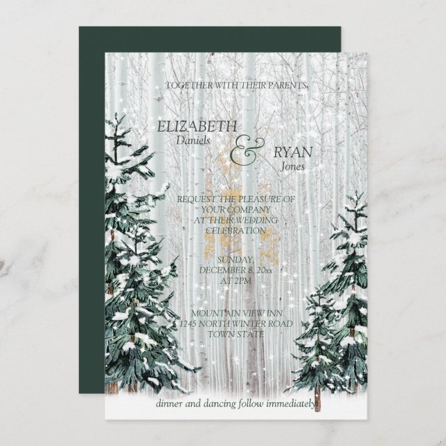 Winter Wedding Pine Trees White Birch Forest Invitation (Front/Back)