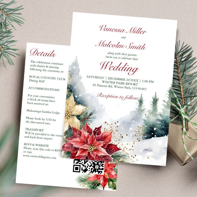 Winter wedding poinsettia pine all in one template (Winter wedding watercolor poinsettia snowy pines all in one template invitation digital download)
