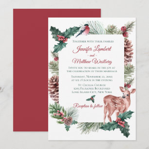 Winter Wedding Red Christmas Reindeer Deer Floral Invitation
