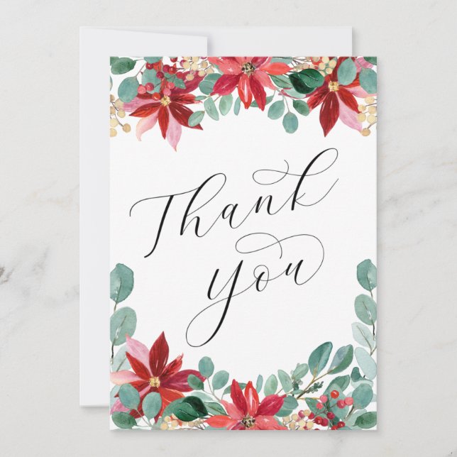 Winter Wedding Red Green Poinsettia Thank You Card (Front)
