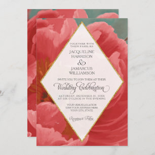 Winter Wedding Red Peony Gold Faux Glitter Diamond Invitation