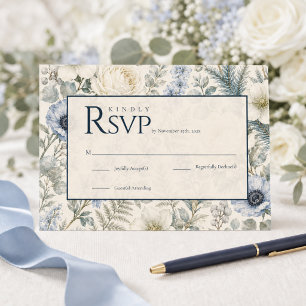 Winter Wedding RSVP Card Blue Ivory Floral