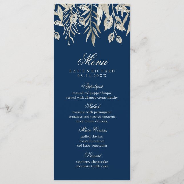 Winter Wedding SIlver and Navy Blue Menu (Front)