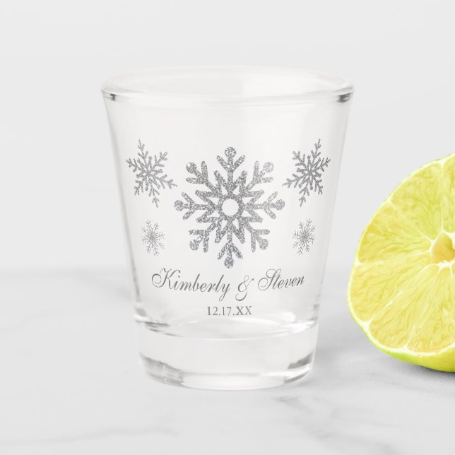 Winter Wedding Silver Snowflakes Shot Glass (Front)