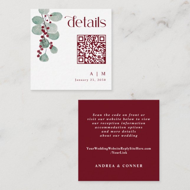 Winter Wedding Small Burgundy Details Card QR Code (Front/Back)