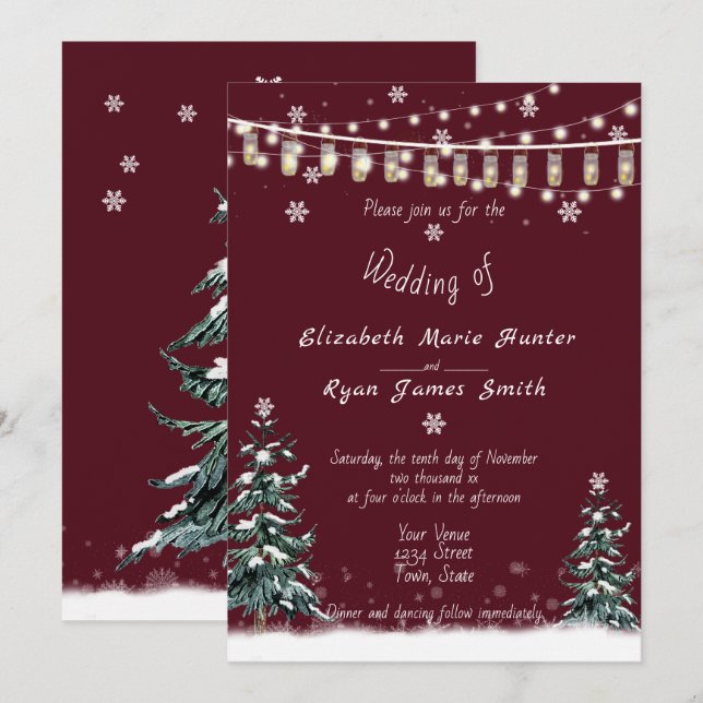 Winter Wedding Snow Pine Trees Modern Burgundy Invitation (Front/Back)