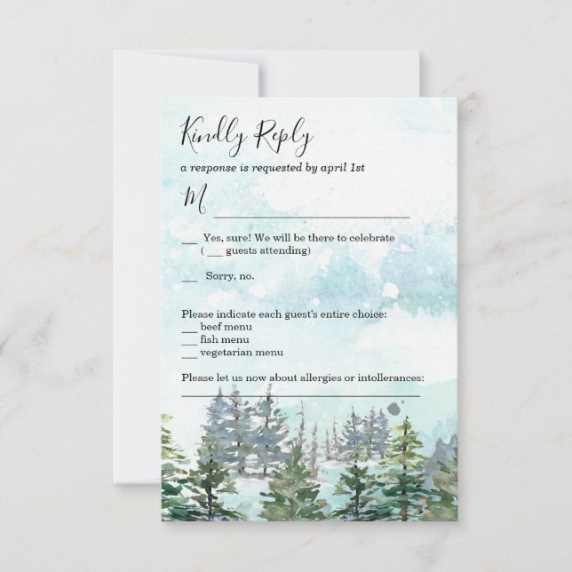 Winter wedding snow pine trees RSVP card (Front)