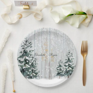 Winter Wedding Sparkle Snowflakes Pine Trees Paper Plate