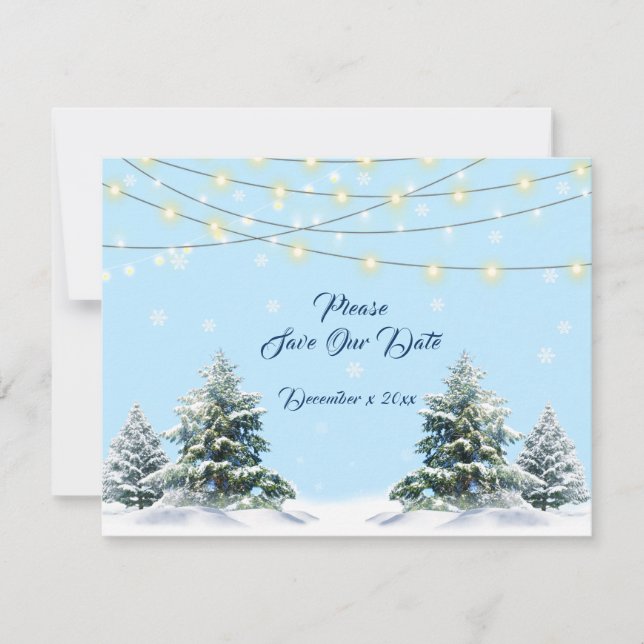 Winter Wedding String Lights Snow CoveredTrees Save The Date (Front)