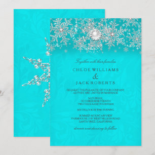 Winter Wedding Teal Crystal Pearl Snowflake Silver Invitation