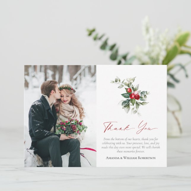 Winter Wedding Thank You Card with Festive Touch (Standing Front)