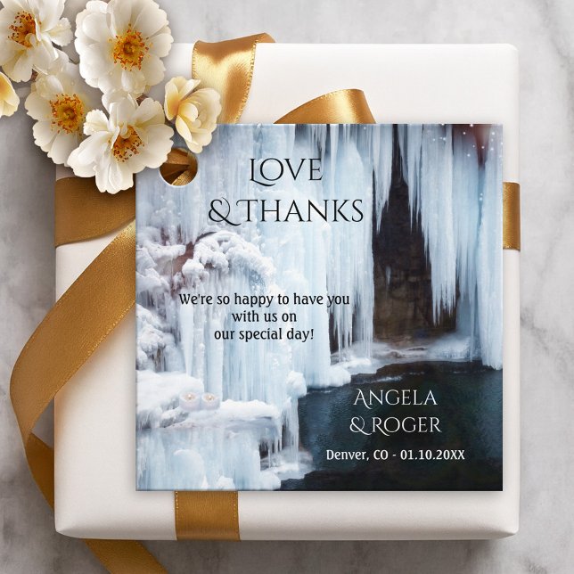 Winter Wedding Thank You Favour Tag (Gift tag featuring a winter wonderland with a frozen waterfall with candles and sparkling snow)