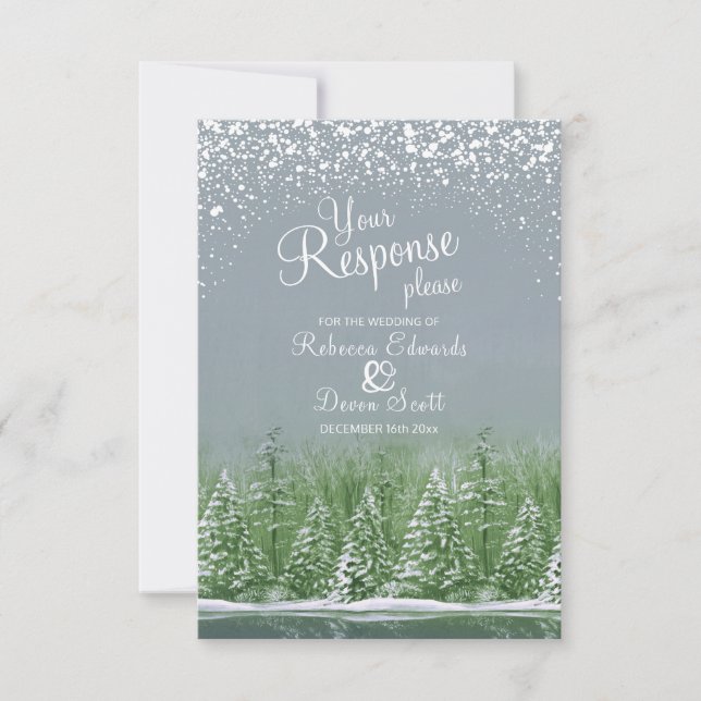 Winter wedding trees art green grey reply card (Front)