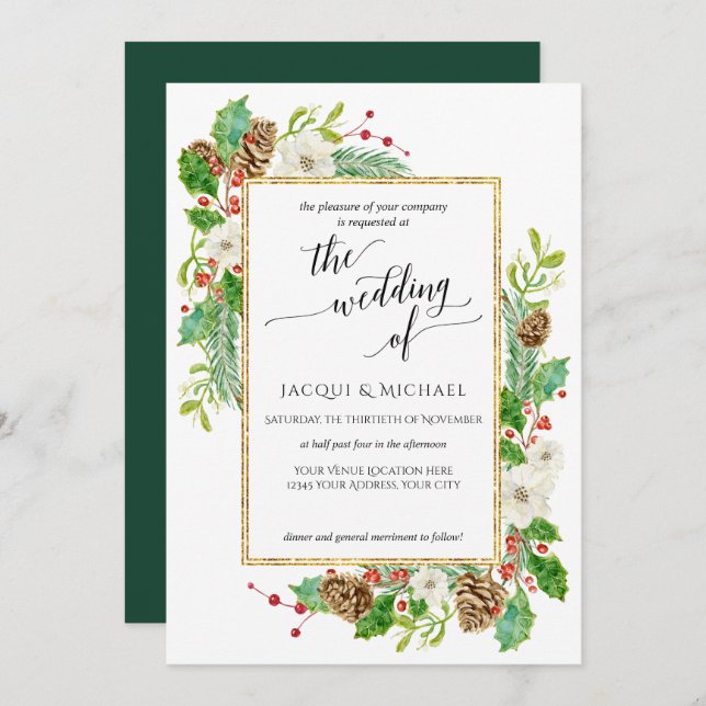 Winter Wedding Watercolor Rose Pine Cone Leaves Invitation (Front/Back)