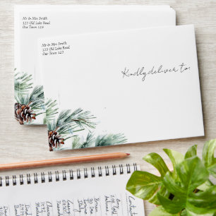 Winter wedding watercolor snowy pines matching envelope