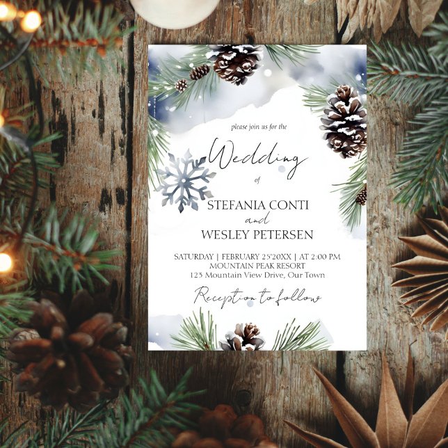 Winter wedding watercolor snowy pines template (Winter wedding watercolor snowy pines pine cones editable template invitation digital download)