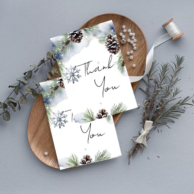 Winter wedding watercolor snowy pines thank you card (Winter wedding watercolor snowy pines snowflake thank you card casual font thank you cards)