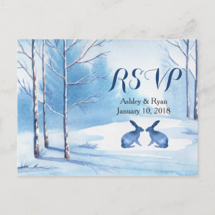 Winter Wedding Watercolor Trees Rabbits RSVP Invitation Postcard