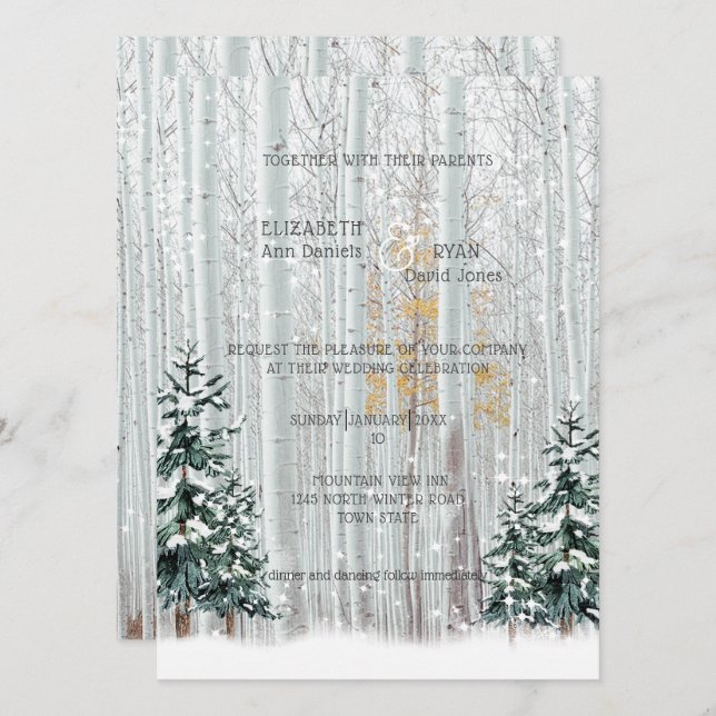 Winter Wedding White Birch Pine Trees Snow Invitation (Front/Back)