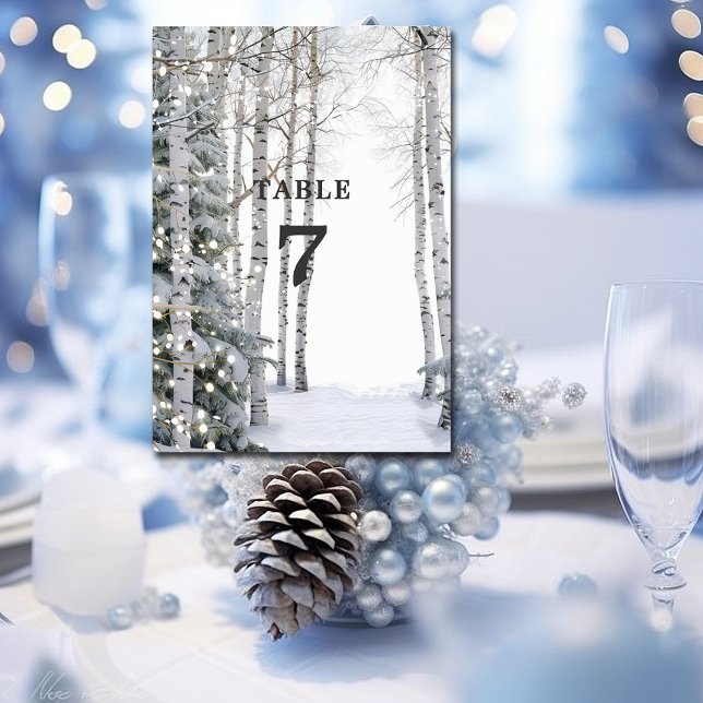 Winter Wedding White Birch Snowflakes Pine Trees Table Number (Creator Uploaded)