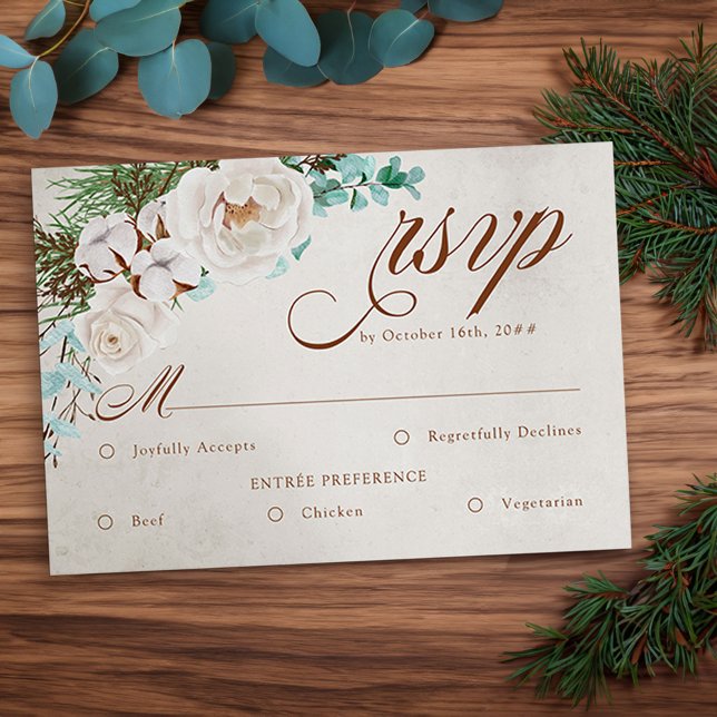 Winter Wedding White Rose RSVP with Meal Options Card (Winter Wedding and Meal RSVP Card with elegant calligraphy, white rose, pine and eucaluptus)
