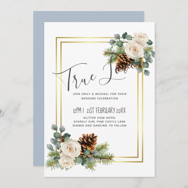 Winter Wedding White Roses Gold Dusty Blue (Front/Back)