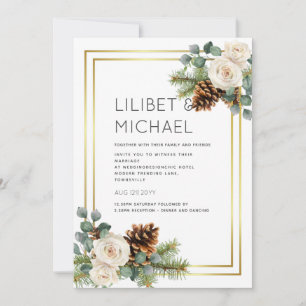 Winter Wedding White Roses Gold Dusty Blue Invitation