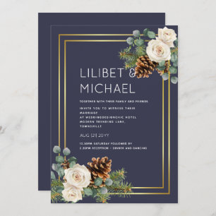 Winter Wedding White Roses Gold Dusty Blue Invitation