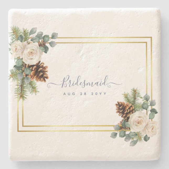 Winter Wedding White Roses Gold Dusty Blue Stone Coaster (Front)