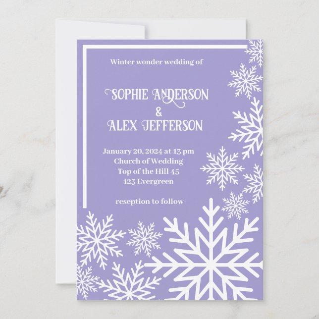 Winter wedding white snowflakes on light purple invitation (Front)