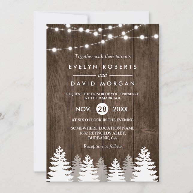 Winter Wedding Wood String Lights Pine Invitation (Front)