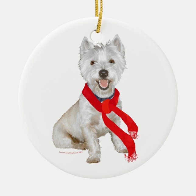 Winter Westie in a Red Scarf Ceramic Ornament (Front)