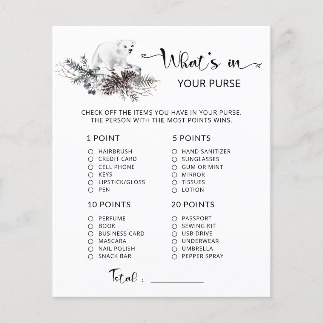 Winter What's in your purse baby shower game (Front)
