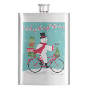 Winter Whimisical snowman on bike Hip Flask
