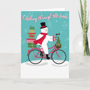 Winter Whimisical snowman on bike Holiday Card