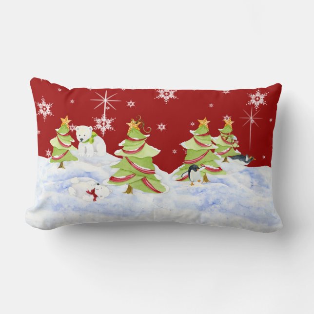 Winter Whimsey Penguin Polar Bear Babies in Snow Lumbar Cushion (Front)