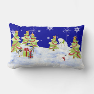 Winter Whimsey Penguin Polar Bear Babies in Snow Lumbar Cushion