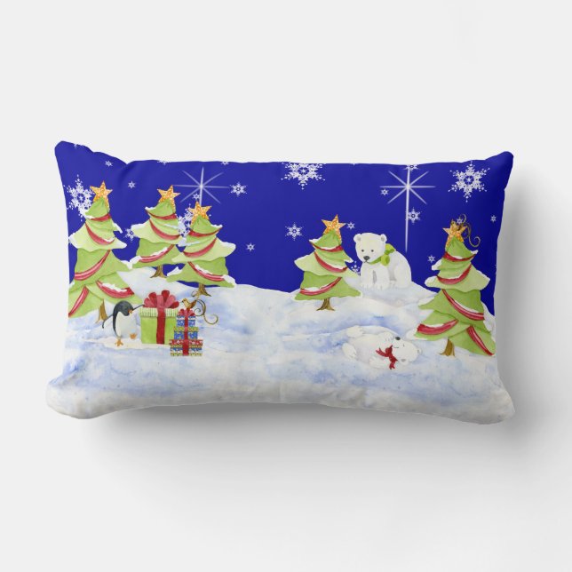 Winter Whimsey Penguin Polar Bear Babies in Snow Lumbar Cushion (Front)