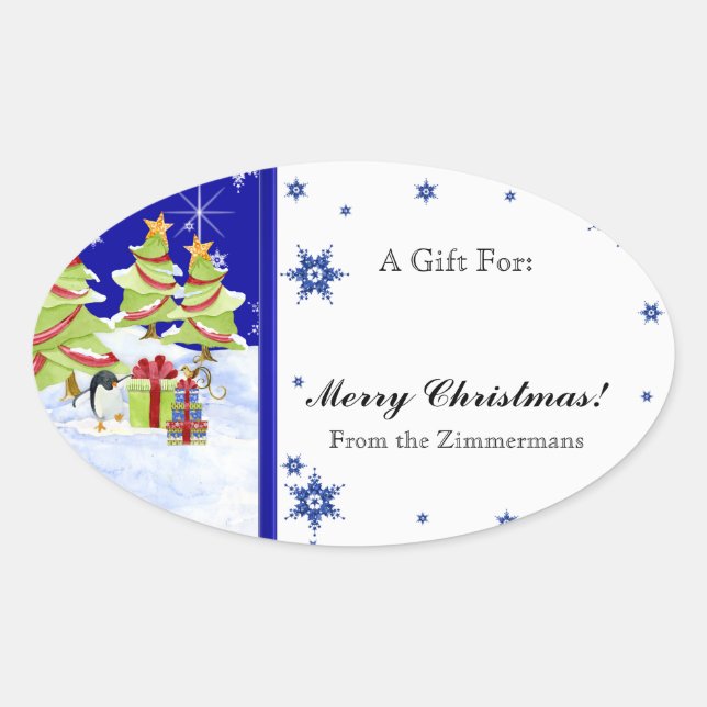 Winter Whimsy Cute Penguin Babies in Snow Star Oval Sticker (Front)