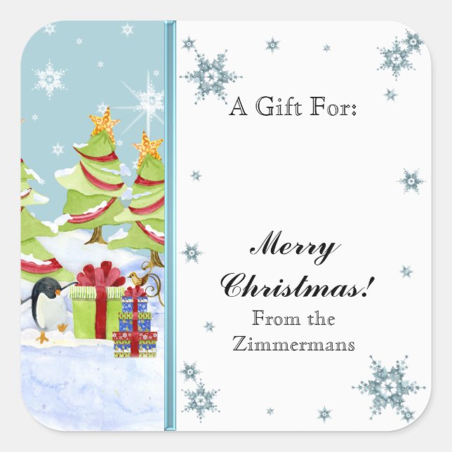 Winter Whimsy Cute Penguin Babies in Snow Star Square Sticker (Front)