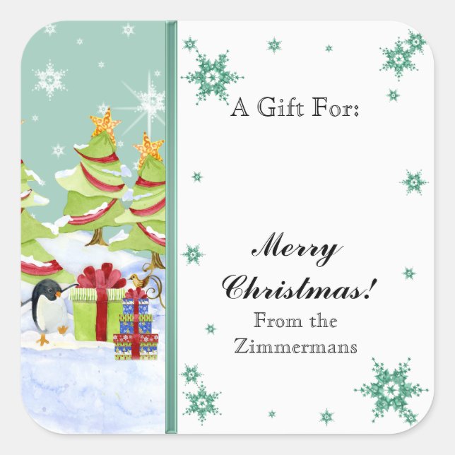 Winter Whimsy Cute Penguin Babies in Snow Star Square Sticker (Front)