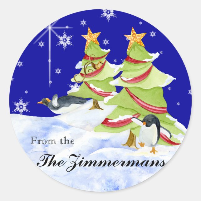 Winter Whimsy Cute Polar Bear Babies in Snow Star Classic Round Sticker (Front)